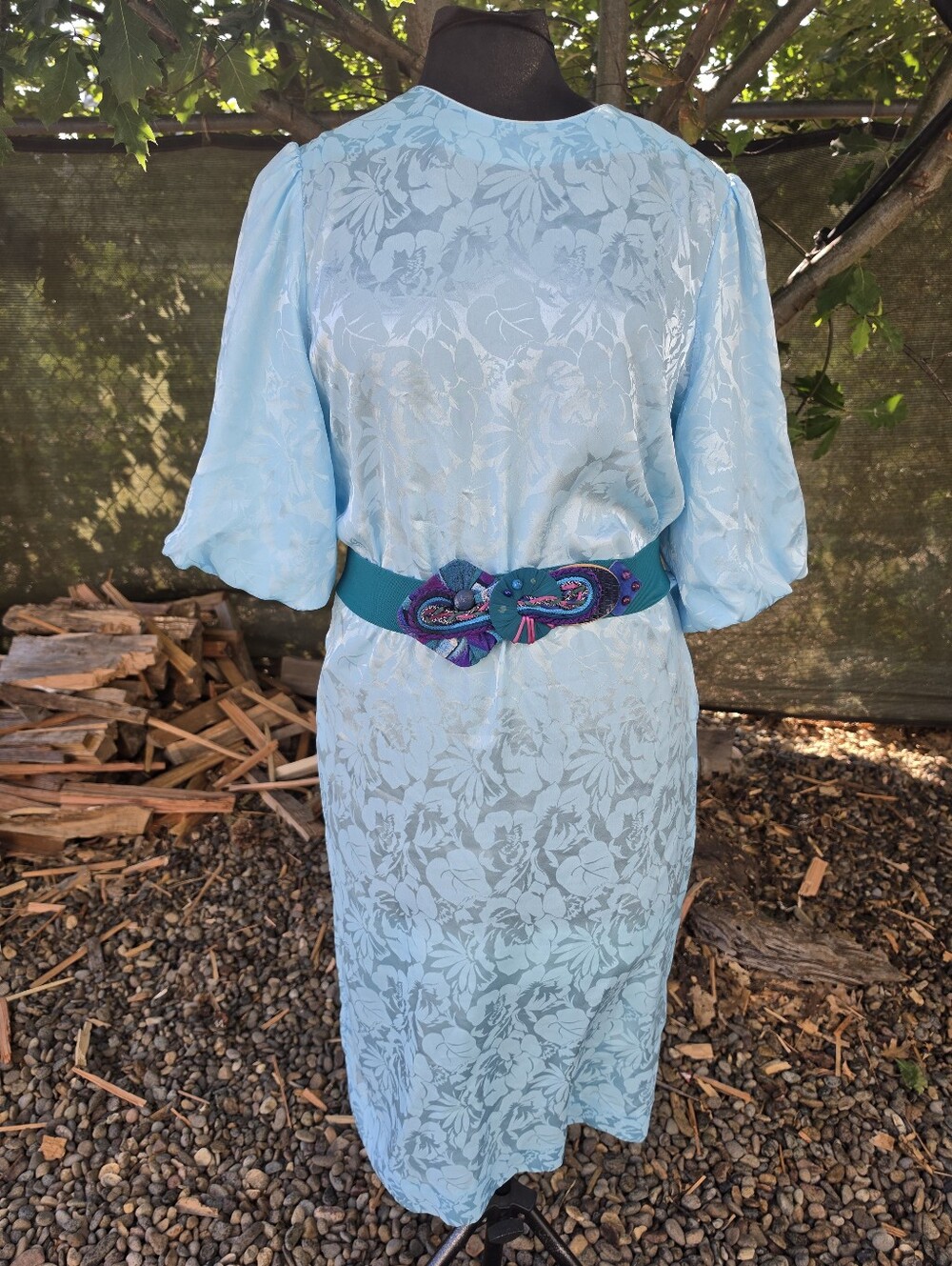 Vtg 70's 80's Blue Floral Satin Midi Dress Secretary Romantic Goth Pastel Goth